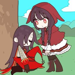  2girls asakura_karen_(heaven_burns_red) black_hair braid cosplay hair_over_one_eye hat heaven_burns_red highres hood jacket little_red_riding_hood_(fairy_tale_character) little_red_riding_hood_(fairy_tale_character)_(cosplay) long_hair long_sleeves multiple_girls official_alternate_costume official_alternate_hairstyle one_eye_covered outdoors tenne_miko twin_braids ude13s99o very_long_hair witch_hat 