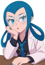  1girl aqua_eyes aqua_hair aqua_nails aqua_necktie black_shirt coat collared_shirt commentary_request desk eyelashes head_rest highres mable_(pokemon) nail_polish nakikot_t necktie open_clothes open_coat parted_lips pokemon pokemon_legends:_z-a safety_glasses shirt solo white_background white_coat 