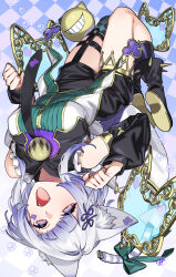  1girl 92m animal_ear_fluff animal_ears bell breasts cat_ears cat_girl checkered_clothes checkered_legwear checkered_thighhighs club_(shape) club_facial_mark club_tattoo detached_sleeves duel_monster facial_mark fangs fangs_out highres large_breasts long_sleeves looking_at_viewer maliss_&lt;p&gt;_chessy_cat paw_pose purple_hair short_hair shorts smile solo usb usb_tail violet_eyes yu-gi-oh! 
