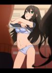  bra brown_hair fukushi_ryouhei green_eyes highres idolmaster idolmaster_cinderella_girls navel panties shibuya_rin shirt_lift sweat underwear undressing 