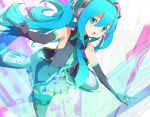  amder aqua_eyes aqua_hair detached_sleeves elbow_gloves gloves hatsune_miku headset long_hair necktie open_mouth skirt solo thigh-highs thighhighs twintails vocaloid 