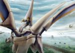  cloudy_sky dragon flat_chest flying gun helmet highres horn keil_fluge landscape panzer_dragoon pistol red_eyes sega weapon 