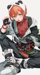  1boy absurdres black_gloves black_pants boots bracelet claw_pose commentary_request ear_piercing fingerless_gloves gloves hand_up hat highres jacket jewelry lace-up_boots long_sleeves looking_at_viewer male_focus myon_rio open_mouth orange_hair panda_hat pants partially_unzipped piercing project_sekai red_shirt shinonome_akito shirt short_hair simple_background solo standing white_background white_boots white_hat white_jacket yellow_eyes 