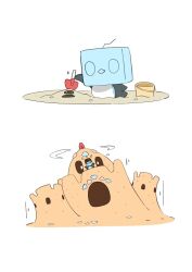  bird bucket eiscue eiscue_(ice) eiscue_(noice) holding holding_shovel ice igwjgsarifbfo9u no_humans open_mouth palossand penguin pokemon pokemon_(creature) sand sand_castle sand_sculpture sandygast shovel simple_background white_background 