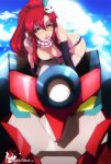  1girl bikini_top breasts cleavage hair_ornament lagann leaning lips mecha ponytail red_hair redhead scarf tengen_toppa_gurren_lagann thigh-highs thighhighs watermark yellow_eyes yoko_littner 