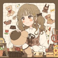  1girl argyle_clothes argyle_vest blunt_bangs blush_stickers border bow brown_border brown_hair brown_ribbon brown_shirt brown_shorts brown_vest closed_mouth collared_shirt commentary cup earrings eeppa flower flower_earrings frilled_shirt_collar frills grid_background hair_ornament highres holding holding_stuffed_toy jewelry long_hair long_sleeves neck_ribbon orange_eyes original outside_border red_flower red_tulip ribbon ruler scissors shirt shorts smile solo stuffed_animal stuffed_toy teddy_bear tulip upper_body vest white_background x_hair_ornament yellow_bow 