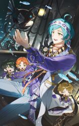  4boys :d :o absurdres ahoge anglerfish blonde_hair blue_eyes chibi closed_eyes commentary_request ensemble_stars! fish green_eyes green_hair headband heterochromia highres jacket kagehira_mika long_sleeves male_focus multiple_boys nanagom narukami_arashi open_mouth orange_hair outstretched_arm pants parted_bangs purple_jacket shinkai_kanata short_hair smile tsukinaga_leo white_headband white_pants yellow_eyes 