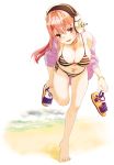  barefoot beach bikini breasts cleavage headphones izumi_(sachikara) large_breasts long_hair navel nitroplus open_mouth pink_hair putting_on_shoes red_eyes sandals single_shoe solo striped striped_bikini striped_swimsuit super_sonico swimsuit 