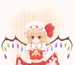  animated animated_gif ascot blinking blonde_hair blush dress dress_lift flandre_scarlet haruki_5050 hat looking_at_viewer panties red_eyes short_hair side_ponytail skirt skirt_lift solo striped striped_panties the_embodiment_of_scarlet_devil touhou translation_request underwear wings 