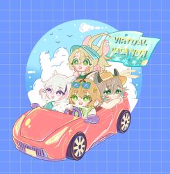  4girls :3 :d animal_ears ashton_marten_(vtuber) bird blonde_hair blush bright_pupils car chinchilla_ears closed_mouth clouds commentary dooby_(vtuber) english_commentary english_text flag green_eyes green_shirt grid hair_between_eyes hair_ornament hairclip hat highres hyuni_(character) indie_virtual_youtuber motor_vehicle multicolored_hair multiple_girls nimi_nightmare open_mouth pink_hair purple_hair shirt smile star_(symbol) streaked_hair striped_clothes striped_shirt tapir_ears violet_eyes white_hair white_pupils yellow_hat yu_us0 