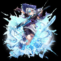  absurdres amamiyayk animal_hood blue_hair blue_nails cuffs electric_guitar fingernails fins fish_tail guitar hair_between_eyes highres hood instrument looking_at_viewer multicolored_hair original red_eyes shark shark_girl shark_hood shark_tail short_hair shorts slippers smile socks tail teeth transparent_background white_hair white_socks 