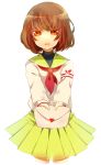  anthiea bad_id brown_eyes brown_hair heart highres holding letter love_letter mawaru_penguindrum oginome_ringo school_uniform simple_background skirt solo white_background 