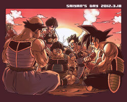  1girl 2012 4boys bardock dragon_ball eating food group_picture looking_at_another meat monkey_tail multiple_boys muscular on_ground open_mouth panbukin_(dragon_ball) saiyan saiyan_armor scar scar_on_cheek scar_on_face seripa short_hair sitting smile sunset tail tail_around_own_waist tarukasu toma_(dragon_ball) toriyama_akira_(style) toteppo 