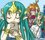  1girl bandaid blush_stickers brown_hair character_request cup green_hair headband long_hair luca_(seiken_densetsu) petting pointy_ears polearm randi seiken_densetsu seiken_densetsu_2 spear spiked_hair spiky_hair staff syake teacup tears tiara very_long_hair weapon 