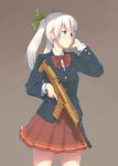  assault_rifle bangs blazer blue_eyes bow bowtie brown_background bushmaster_acr efmoe expressionless grey_hair gun hair_bow hair_ribbon hand_on_another&#039;s_face hand_on_own_face neckbow original pleated_skirt ribbon rifle school_uniform shirt simple_background skirt trigger_discipline twintails weapon 