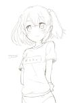  1girl arms_behind_back blush highres monochrome muku-coffee short_hair simple_background sketch small_breasts smile solo white_background 