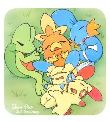 blush_stickers border closed_eyes grass lying minun mudkip on_back on_grass on_side open_mouth otyappa_tyabatyaba plusle pokemon pokemon_(creature) pokemon_sleep sleeping sleeping_on_pokemon starter_pokemon_trio sweat sweatdrop tagme torchic treecko white_background white_border 