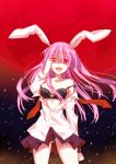  animal_ears bare_shoulders black_bra black_panties bra breasts bunny_ears cleavage dress_shirt full_moon hand_over_eye izumi_minami lingerie long_hair looking_at_viewer moon off_shoulder open_clothes open_mouth open_shirt panties pink_hair pleated_skirt red_eyes red_moon reisen_udongein_inaba shaded_face shirt skirt slightly_open_shirt solo strap_slip touhou underwear 
