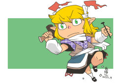  1girl arm_warmers black_shoes black_skirt blonde_hair brown_shirt candle chibi chibi_only closed_mouth commentary_request dated fire frown full_body green_eyes hammer hashihime holding holding_hammer holding_nail looking_at_viewer mary_janes mizuhashi_parsee nail_(hardware) onikobe_rin pointy_ears sash scarf shirt shoes short_hair short_sleeves simple_background skirt socks solo touhou two-tone_background white_background white_sash white_scarf white_socks 