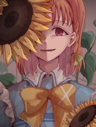  1girl absurdres blue_dress bow braid commentary dress flower grey_background hair_bow highres kiko_ycr kimi_no_kokoro_wa_kagayaiteru_kai? large_bow looking_at_viewer love_live! love_live!_sunshine!! medium_hair open_mouth orange_bow orange_hair plant red_eyes smile solo sunflower symbol-only_commentary takami_chika yellow_bow 