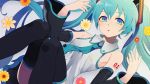  aqua_eyes aqua_hair bare_shoulders detached_sleeves flower harano hatsune_miku highres long_hair looking_at_viewer nail_polish necktie skirt solo thigh-highs thighhighs twintails very_long_hair vocaloid 