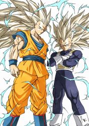  2boys armor blonde_hair blue_bodysuit blue_boots blue_shirt bodysuit boots clenched_hand crossed_arms dougi dragon_ball dragon_ball_daima electricity feet_out_of_frame gloves green_eyes highres kakeru_(dbskakeru) long_hair male_focus multiple_boys no_eyebrows orange_pants orange_tunic pants saiyan_armor shirt simple_background son_goku spiky_hair standing super_saiyan super_saiyan_3 toriyama_akira_(style) tunic vegeta white_armor white_background white_boots white_gloves 