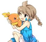  1girl braid brown_hair crossover gouenji_yuuka hug inazuma_eleven inazuma_eleven_(series) lowres nana0813 open_mouth pokemon pokemon_(creature) pokemon_(game) pokemon_rse torchic twin_braids 