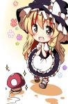  1girl blonde_hair blush bow brown_eyes chibi dress fang hair_bow hands_together hat hat_bow highres kirisame_marisa long_hair mushroom open_mouth solo sparkle takahasiy touhou witch witch_hat 