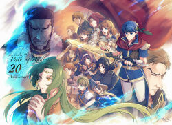  4girls 6+boys absurdres anniversary armor ashnard_(fire_emblem) black_hair blue_eyes blue_hair book boyd_(fire_emblem) brown_hair cape closed_eyes commentary_request copyright_name elincia_ridell_crimea facial_mark fire_emblem fire_emblem:_path_of_radiance forehead_mark gatrie_(fire_emblem) green_eyes green_hair greil hairband headband highres holding holding_book holding_staff holding_sword holding_weapon ike_(fire_emblem) long_hair mia_(fire_emblem) mist_(fire_emblem) mochi88543 multiple_boys multiple_girls orange_hair oscar_(fire_emblem) ponytail purple_hair ragnell red_cape red_hair rhys_(fire_emblem) rolf_(fire_emblem) shinon_(fire_emblem) short_hair soren_(fire_emblem) staff sword titania_(fire_emblem) weapon 