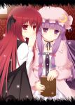  bad_id blush book bow commentary commentary_request covering covering_face covering_mouth cpu_(artist) cpu_(hexivision) crescent hair_bow hat head_wings koakuma long_hair multiple_girls patchouli_knowledge payot purple_eyes purple_hair red_hair redhead sitting sparkle the_embodiment_of_scarlet_devil touhou violet_eyes whispering wings 