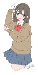  1girl absurdres blue_eyes blue_skirt bow breasts brown_hair collared_shirt hair_ornament hairclip highres holding holding_pen holding_pencil long_sleeves looking_at_viewer mechanical_pencil open_mouth original pen pencil pleated_skirt red_bow school_uniform shirt short_hair simple_background skirt smile solo sweater unasaka_ryou white_background white_shirt 