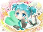  aqua_eyes aqua_hair chibi detached_sleeves hair_ribbon hatsune_miku lma looking_at_viewer lying necktie on_stomach panties pillow ribbon short_hair skirt smile solo spring_onion striped striped_panties twintails underwear vocaloid yound young 