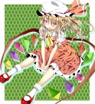  :d aa44 ascot blonde_hair crystal flandre_scarlet hat hat_ribbon highres open_mouth purple_eyes ribbon sitting smile solo the_embodiment_of_scarlet_devil touhou v_arms violet_eyes wings 