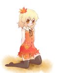  aki_shizuha arinu blonde_hair dress highres kneehighs leaf simple_background smile solo touhou white_background yellow_eyes 