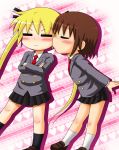  2girls blush brown_hair cheek_kiss closed_eyes crossed_arms eyes_closed female footwear hair_ribbon heart incipient_kiss kill_me_baby leaning_forward love necktie oribe_yasuna ragai_(moins666) ribbon school_uniform serious shoes short_hair skirt socks sonya_(kill_me_baby) twintails very_long_hair yuri 