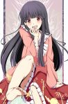  arm_support barefoot black_hair blush feet hand_to_mouth houraisan_kaguya long_hair open_mouth pov_feet red_eyes sawade sitting skirt smile solo touhou very_long_hair 