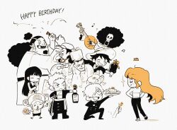  2girls 6+boys ^_^ afro antlers blunt_bangs blush bottle brook_(one_piece) closed_eyes curly_eyebrows eyewear_on_head facial_hair franky_(one_piece) goatee half_updo hand_on_own_hip happy_birthday haramaki hat hau13_yeol heart heart-shaped_eyes highres holding holding_bottle holding_instrument horns instrument jinbe_(one_piece) long_hair long_nose looking_at_another monkey_d._luffy multiple_boys multiple_girls nami_(one_piece) nico_robin one_eye_closed one_piece orange_hair reindeer_antlers roronoa_zoro sanji_(one_piece) short_hair sideburns single_extra_arm spot_color stitched_torso stitches straw_hat straw_hat_pirates tony_tony_chopper tusks usopp 
