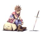  boots capelet chin_rest crossed_ankles fur_trim headband highres neg nose_bubble rabite randi seiken_densetsu seiken_densetsu_2 sitting_on_animal spiked_hair spiky_hair sword vambraces weapon 