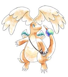  bag claws closed_mouth colored_skin dragon dragonite feathered_wings full_body green_eyes happy head_wings highres horns joanna_ccat mega_dragonite mega_pokemon no_humans orange_skin pokemon pokemon_(creature) pokemon_focus pokemon_legends:_z-a shoulder_bag simple_background single_horn smile solo sugimori_ken_(style) tail white_background wings 