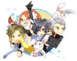  3boys :&lt; :d ;d androgynous bandaid ben_airi black_hair blue_eyes breasts brown_eyes brown_hair chin_rest devil_survivor_2 fangs fur glasses gloves grey_eyes grey_hair hand_on_another&#039;s_face hand_on_another's_face jacket keita_wakui kujou_hinako long_hair looking_at_viewer looking_away megami_ibunroku_devil_survivor midriff multiple_boys necktie open_mouth pointing ponytail protagonist_(devil_survivor_2) red_eyes red_hair redhead scarf school_uniform shijima_daichi shooting-star short_hair sideboob smile wink 