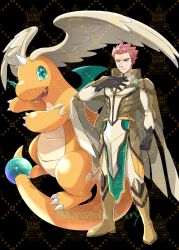 1boy aqua_eyes aqua_wings beri_(kassyoku_berry) black_gloves boots cape claws colored_skin dragon dragonite feathered_wings gem ginkgo_guild_uniform gloves green_gemstone head_wings highres horns lance_(arc_suit)_(pokemon) lance_(pokemon) leg_wings long_sleeves mega_dragonite mega_pokemon official_alternate_costume orange_skin pokemon pokemon_legends:_z-a pokemon_masters_ex red_hair short_hair single_horn smile spiky_hair tail very_long_tail wings yellow_boots yellow_cape