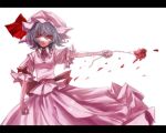  blue_hair bow flower hat hat_ribbon injury lastdark letterboxed outstretched_arm petals red_eyes red_rose remilia_scarlet ribbon rose scar scratches shirt short_hair skirt skirt_set slit_pupils solo touhou 