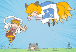  3girls animal_ears blonde_hair blue_background closed_eyes closed_mouth commentary_request dated emphasis_lines fox_ears fox_girl fox_tail full_body looking_at_another mouse_ears mouse_girl multiple_girls nazrin onikobe_rin open_mouth pouncing red_vest shirt short_hair tail toramaru_shou touhou v-shaped_eyebrows vest white_shirt yakumo_ran 
