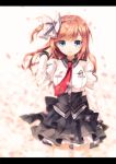  blue_eyes blurry bow brown_hair depth_of_field earrings frilled_skirt frills hair_bow hand_in_hair jewelry kiyu letterboxed long_hair looking_at_viewer necktie one_side_up original petals school_uniform skirt solo wind 