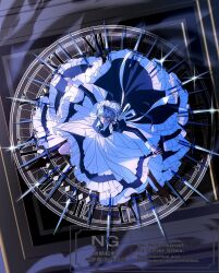  1girl angry apron bow braid breasts closed_mouth dagger glint green_bow grey_hair hair_bow highres izayoi_sakuya knife long_hair long_sleeves looking_at_viewer maid maid_headdress nubezon roman_numeral solo touhou twin_braids waist_apron watermark weapon weapon_formation white_apron 