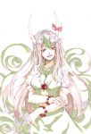  bracelet dress ex-keine green_hair highres horn_ribbon horns jewelry kamishirasawa_keine long_hair marker_(medium) mtmy multicolored_hair open_mouth red_eyes ribbon silver_hair solo touhou traditional_media two-tone_hair 