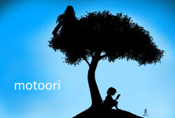  2girls amazon_(company) amazon_kindle blue_theme commentary_request dated full_body futatsuiwa_mamizou futatsuiwa_mamizou_(human) long_hair motoori_kosuzu multiple_girls onikobe_rin parody reading short_hair silhouette touhou tree 