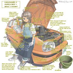  1girl 2025 apron arrow_(symbol) artist_name blue_apron blue_overalls blush book boots border brown_eyes brown_hair bucket car car_part castrol cat cat_tail closed_mouth commentary_request engine english_text full_body funnel_(tool) gloves grease_(mechanical) highres holding holding_book instruction_manual jettoburikku lace-up_boots leaning_against_vehicle license_plate logo mechanic medium_hair motor_oil motor_vehicle nissan nissan_micra open_car_hood original overalls pants pants_rolled_up pointing_out_the_details shirt short_sleeves simple_background solo standing tail tin_(container) white_background white_boots white_gloves white_shirt yellow_car 