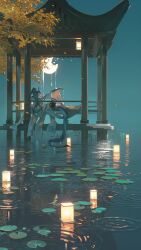  1girl absurdres architecture arknights arm_on_knee black_shorts blue_hair blue_theme boots braid cattail coat east_asian_architecture highres horns lake lantern leaf lily_pad ling_(arknights) long_hair lying moon night night_sky paper_lantern pavilion plant pointy_ears reflection reflective_water shorts single_braid sky tail toto_(caaaaarrot) tree water white_boots white_coat wide_sleeves yellow_leaves 