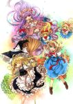  :&gt; :o ;d alice_margatroid anthiea bad_id blonde_hair blue_eyes book bow broom crescent dress green_eyes hair_bow hairband hat hat_bow hat_ribbon kirisame_marisa long_hair multiple_girls open_mouth patchouli_knowledge purple_eyes purple_hair ribbon shanghai_doll smile touhou v_arms violet_eyes wink witch witch_hat yellow_eyes 